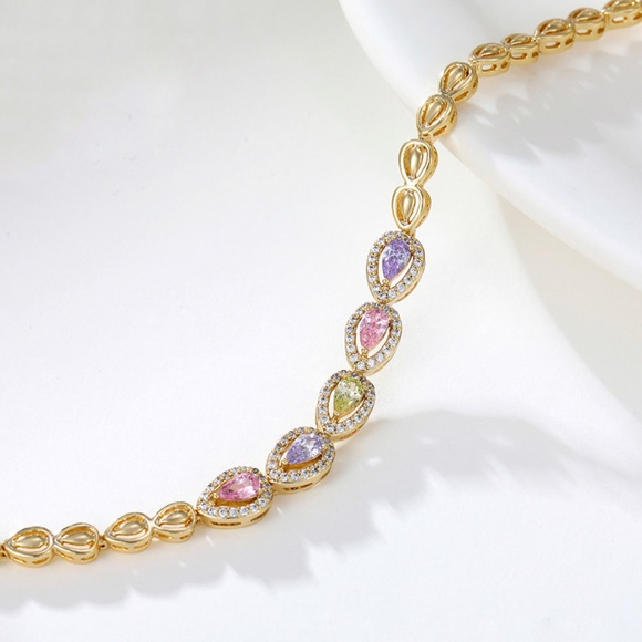 Teardrop Bracelet 14K Gold Plated Colorful Real Zirconia Dainty Jewelry - Picture 2 of 11